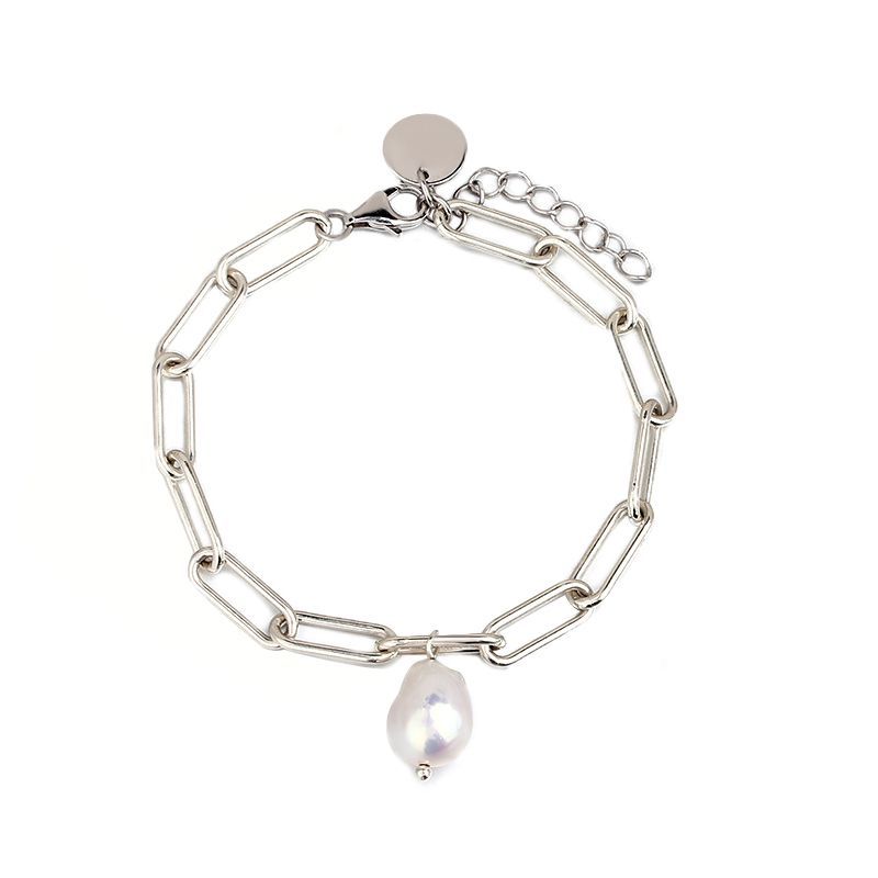 Sterling Silver Long Link Chain With Baroque Pearl Bracelet