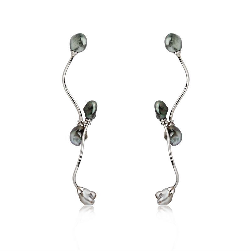 Sterling Silver tahitian Pearl Wave Earrings Stud