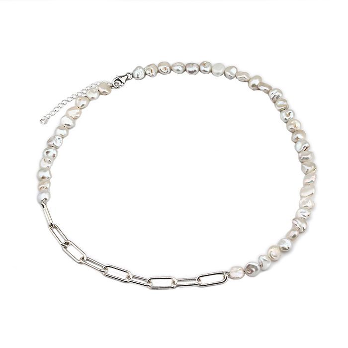 Sterling Silver Baroque Pearl Link Chain Necklace