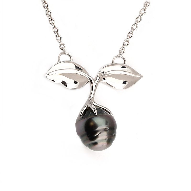 Sterling Silver Leaf Tahitian Pearl Necklace